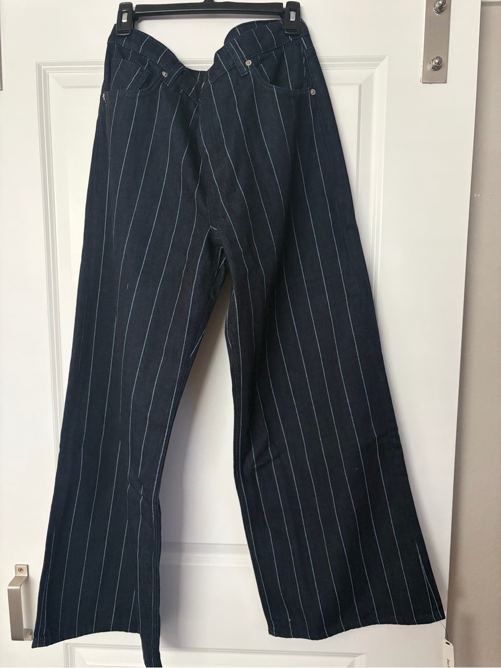 Reformation Navy Pinstripe Wide-Leg Jeans